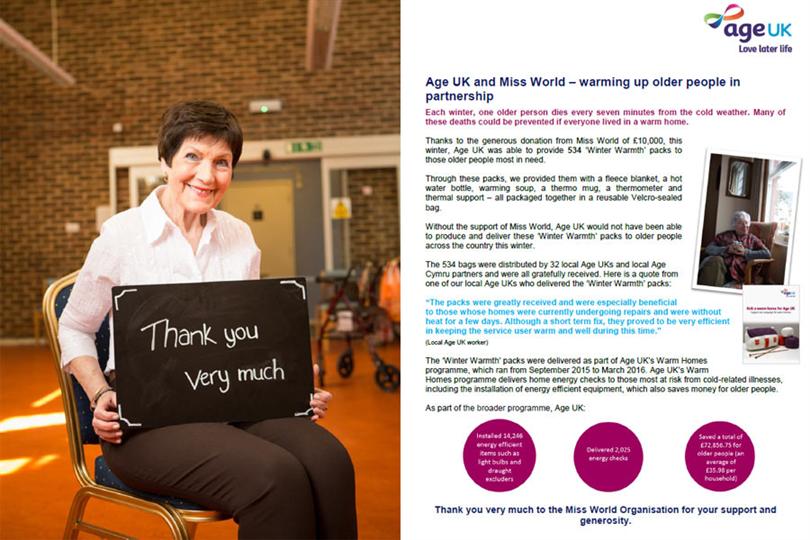 Age UK Charity shows off its gratitude to Miss World Organisation for 'Winter Warmth' 