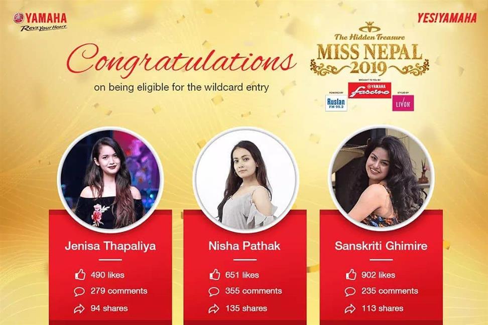 Miss Nepal 2019 Yamaha Wild Card Top 3 Finalists announced