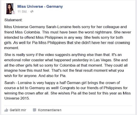 Sarah Lorraine Miss Germany apologises to Pia Wurtzbach Miss Universe 2015