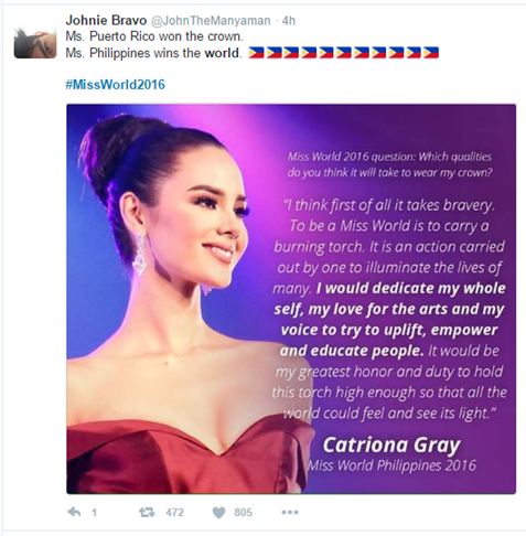 Catriona Gray excluded from Top 3 Miss World 2016; fans express disappointment