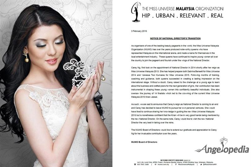 Carey Ng bids adieu to Miss Universe Malaysia National Director post