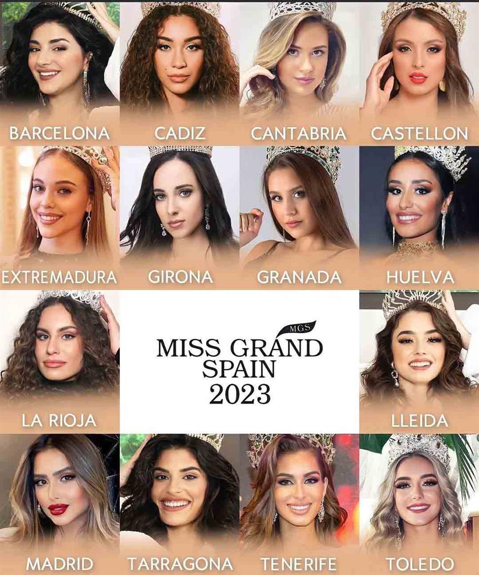 Miss Grand Barcelona 2022 Eva Faifee Miss Grand Cadiz 2022 Nuria Vela Miss Grand Cantabria 2022 Marina Edilla Miss Grand Castellon 2022 Nakary Anyelidi Miss Grand Extremadura 2022 Jarita Bonitto Miss Grand Girona 2022 Cristina Miss Grand Granada 2022 Marta Guarnido Sempere Miss Grand Huelva 2022 luciia Fabrega Miss Grand La Rioja 2022 Alejaandra Leon Miss Grand Lleila 2022 Sonia Castro Miss Grand Madrid 2022 Faridi Dacasa Miss Grand Tarragona 2022 Ainara Sánchez Miss Grand Tenerife 2022 Carolina Barroso Miss Grand Toledo 2022 Celia Sevilla 