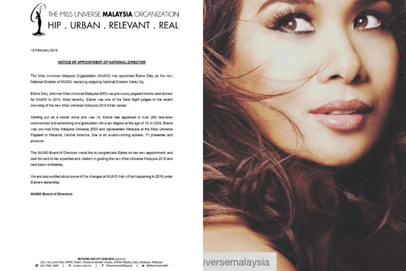 Elaine Daly appointed as the new National Director of Miss Universe Malaysia